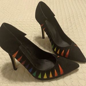 Black suede heels with burst of colors